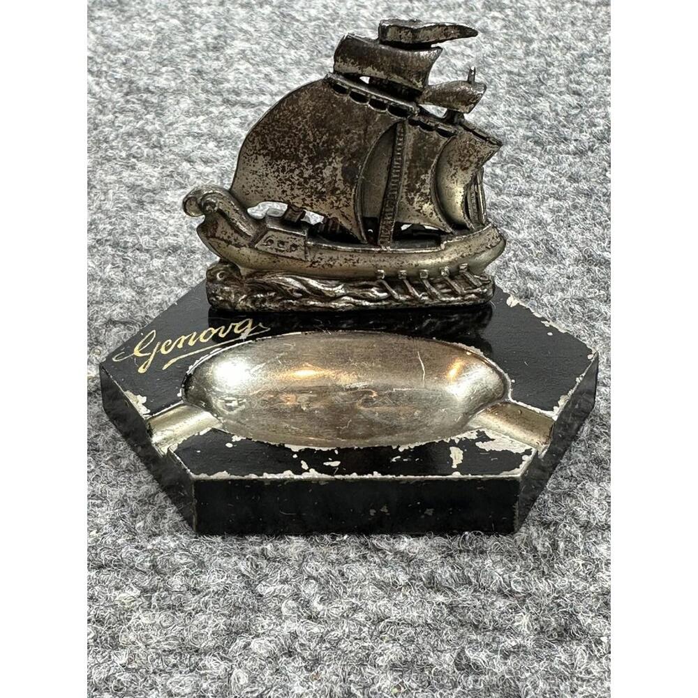 Vintage Sailing Ship‎ Metal Ashtray Small Barware Tobacciana